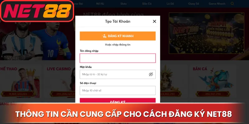 Thông tin cần cung cấp cho cách đăng ký Net88